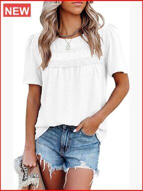 Boho Short Sleeve Tunic Top Flowy Lace Hem Blouse